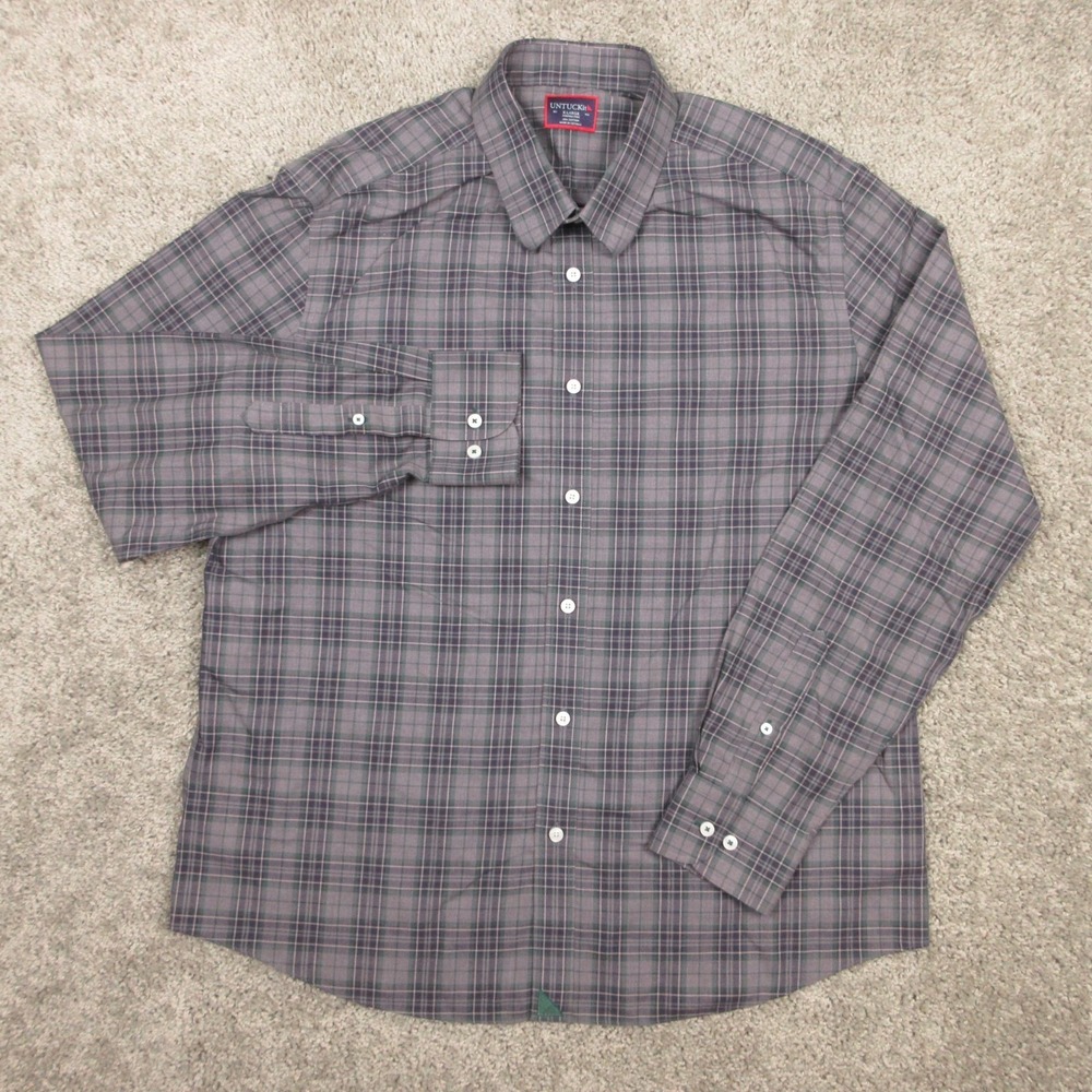 Untuckit Shirt Mens XL Gray Plaid Devitt WF Wrinkle Free Cotton Twill Button Up